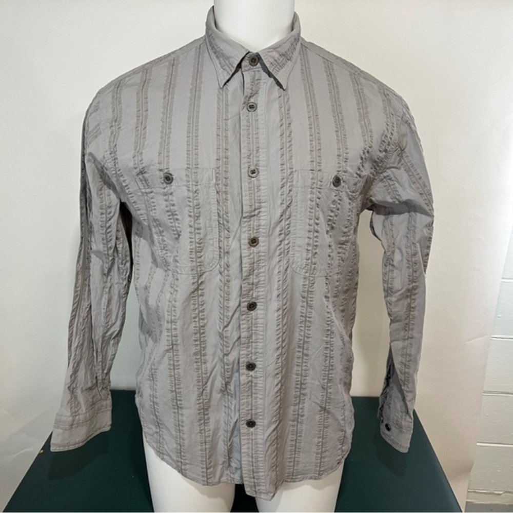 Cabelas Button Shirt Mens Large Gray Striped Nylon Flannel Outdoors (490)